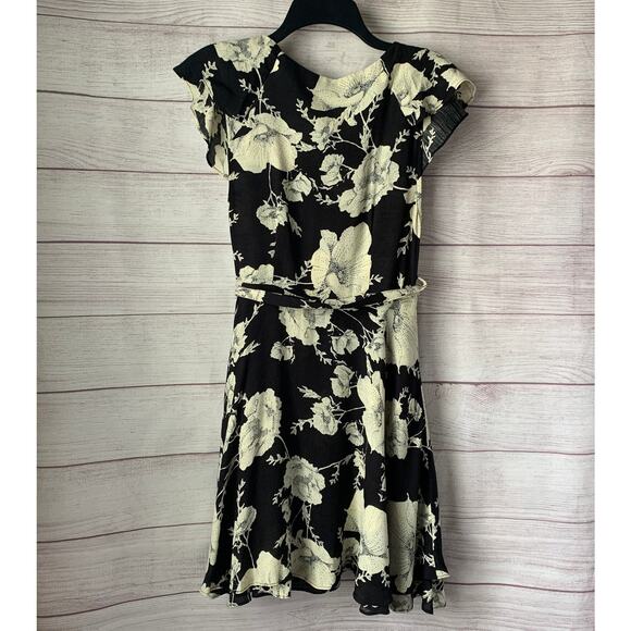 Free People French Quarter Black Cream Floral Print Dress Wrap Front Ruffle - Picture 4 of 15